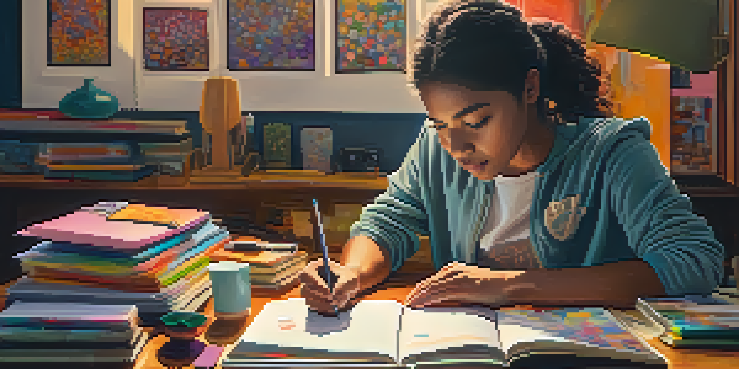A student engaged in mindful journaling at a desk filled with art supplies, illuminated by warm light.
