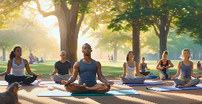 A diverse group of adults practicing yoga in a park at sunrise, surrounded by greenery and soft golden light.