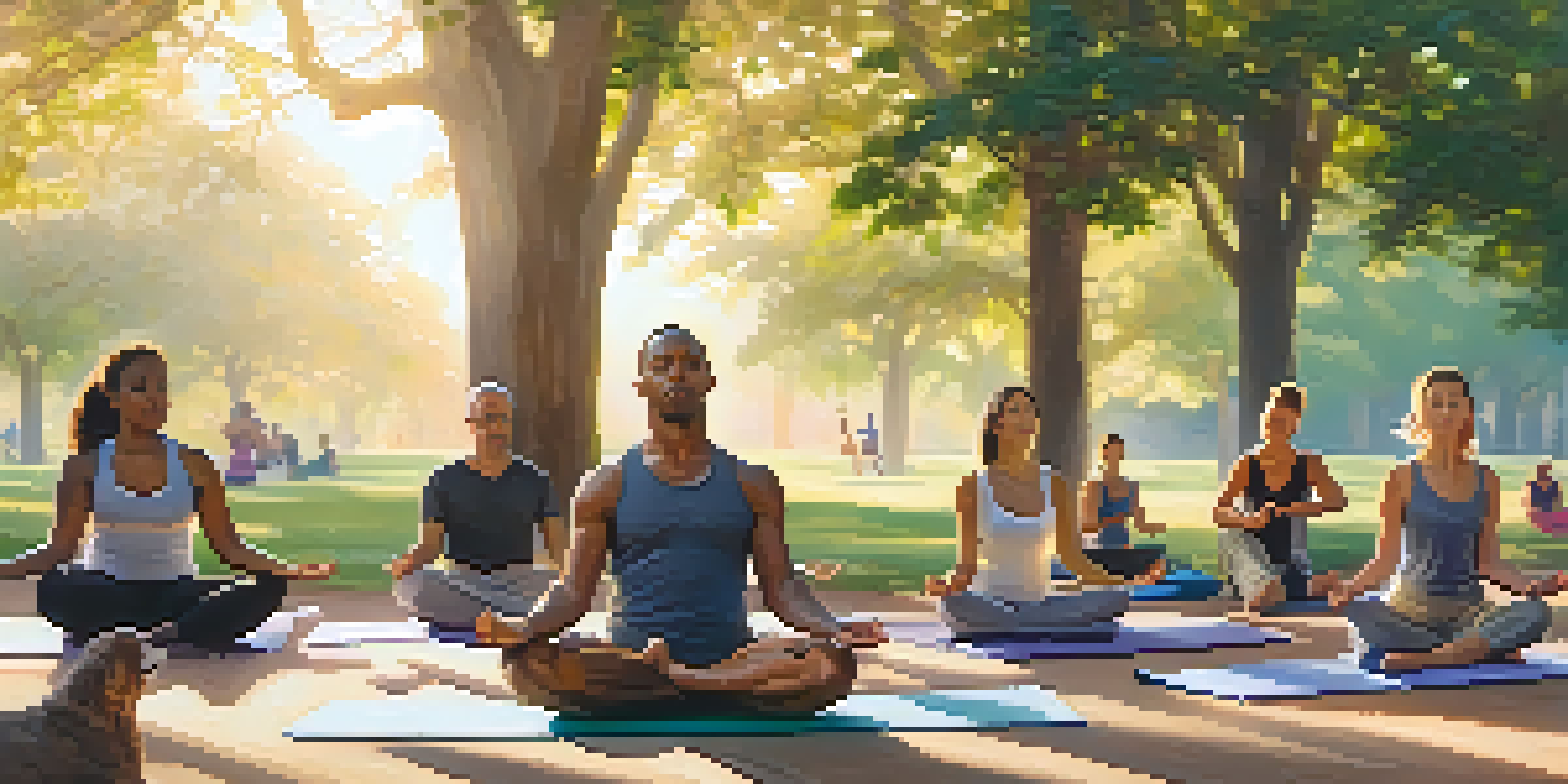 A diverse group of adults practicing yoga in a park at sunrise, surrounded by greenery and soft golden light.