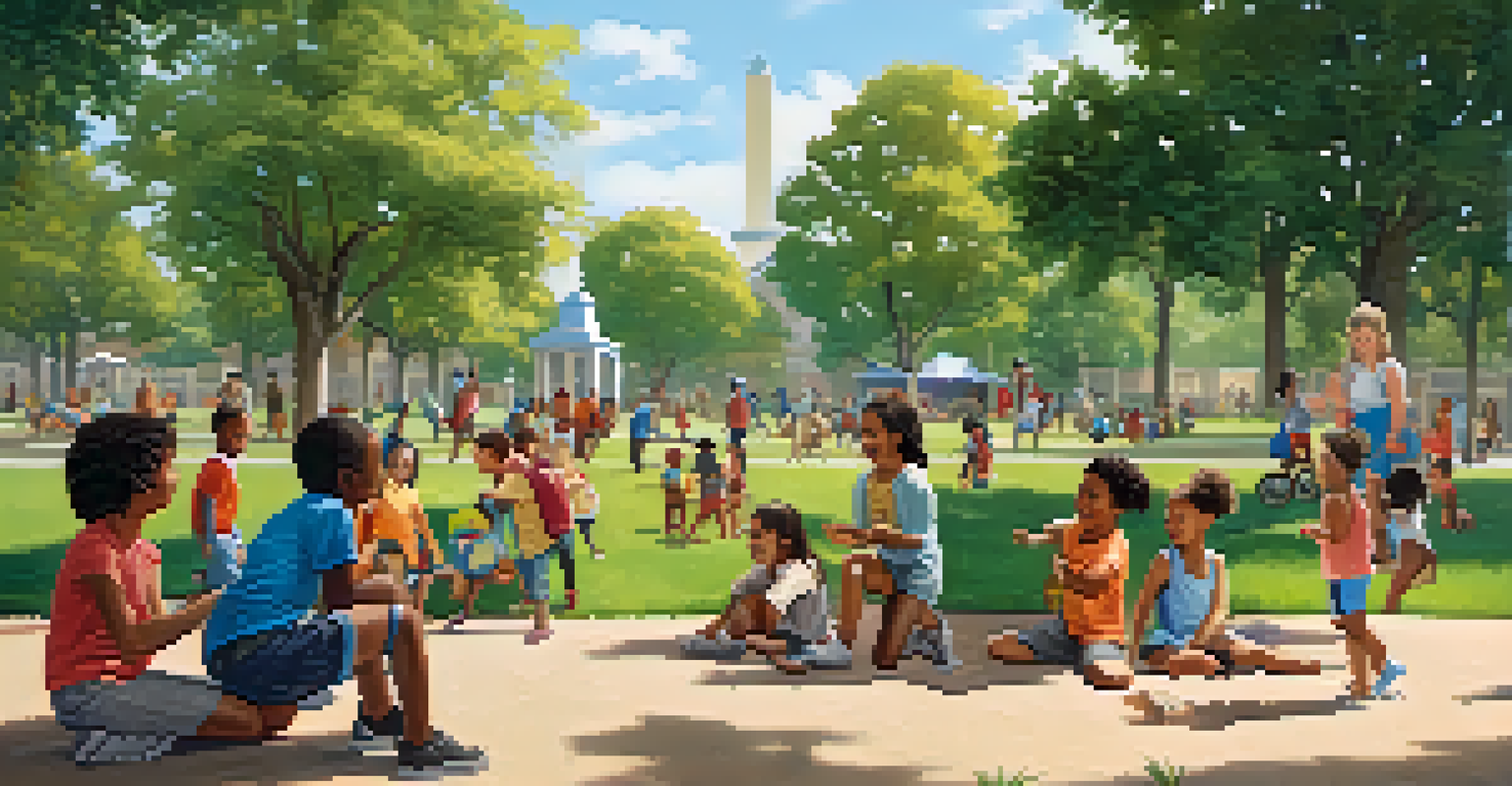 A joyful group of diverse children playing in a park with a vaccination clinic in the background, representing health and safety.