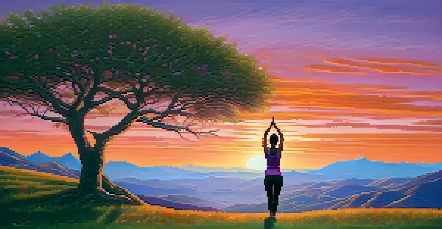 A person practicing yoga at sunset on a grassy hilltop, surrounded by a beautiful landscape of hills and mountains.
