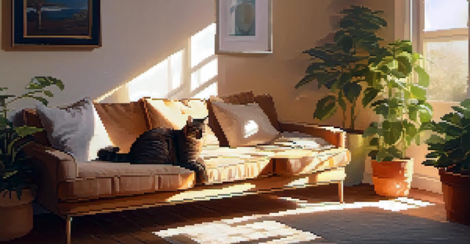A person sitting on a couch with a cat in their lap, enjoying a sunny day in a cozy living room.