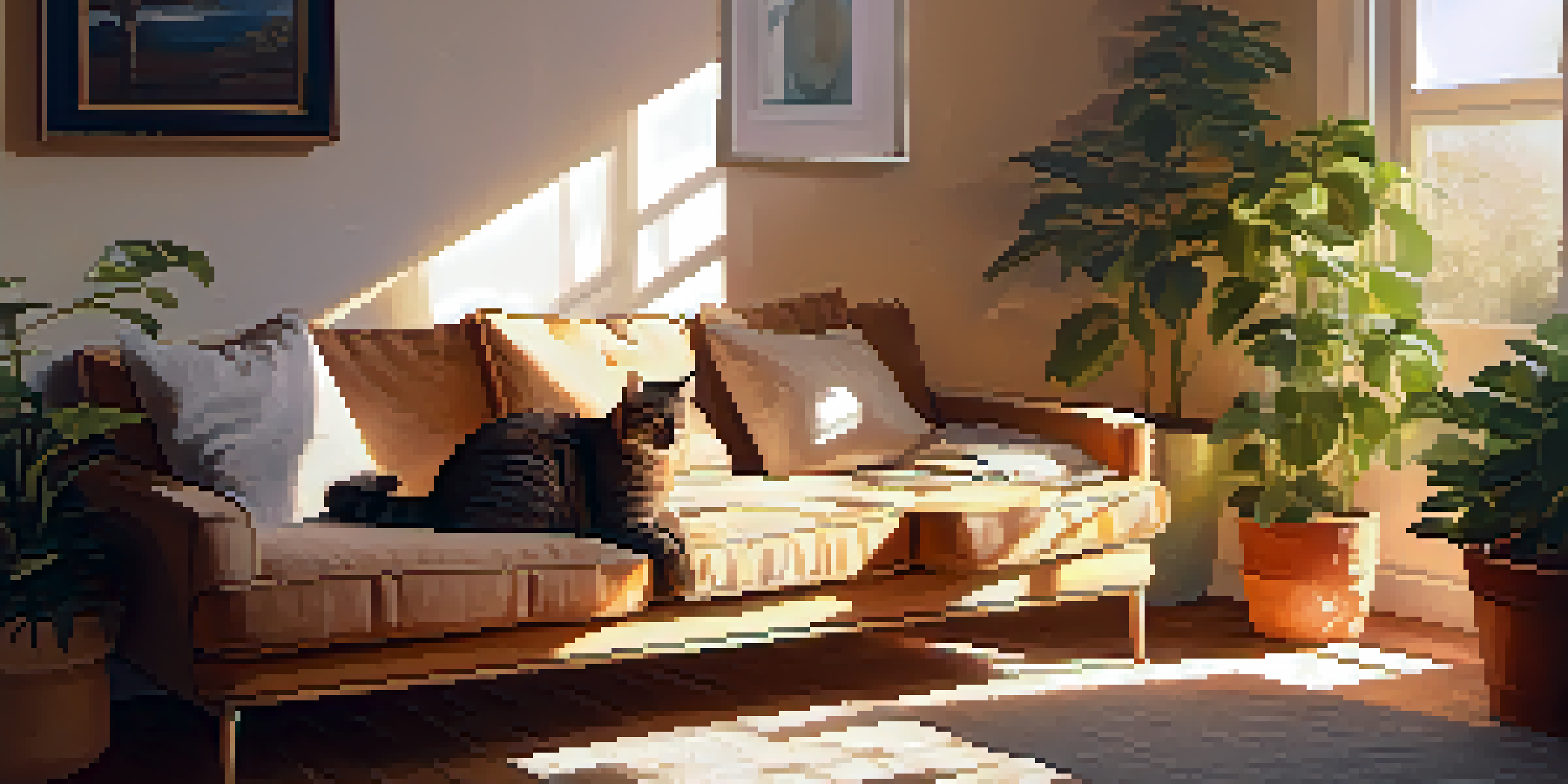 A person sitting on a couch with a cat in their lap, enjoying a sunny day in a cozy living room.
