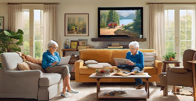 An elderly couple in a cozy living room, video chatting with their grandchildren on a tablet, surrounded by warm lighting and family photos.