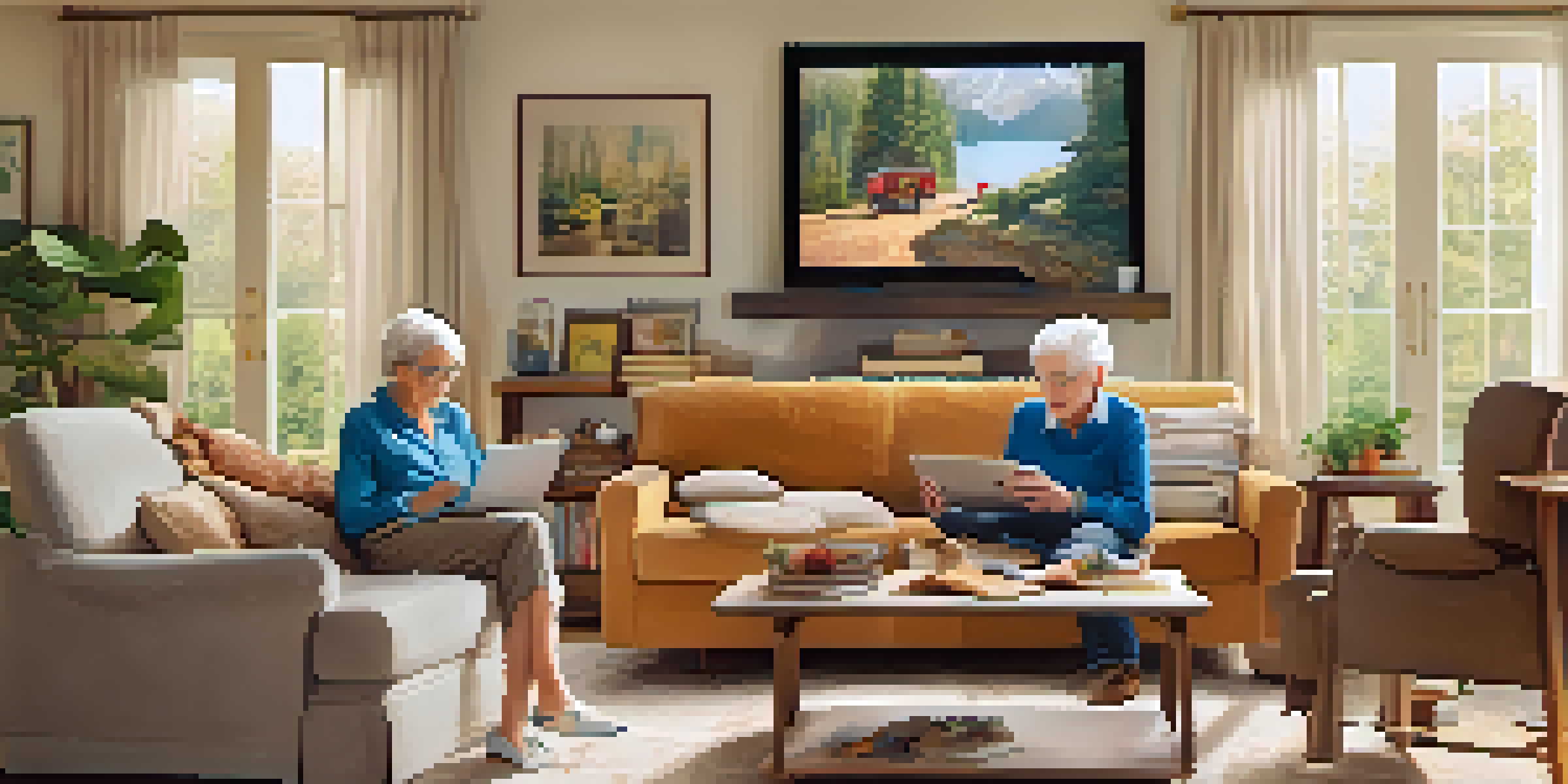 An elderly couple in a cozy living room, video chatting with their grandchildren on a tablet, surrounded by warm lighting and family photos.