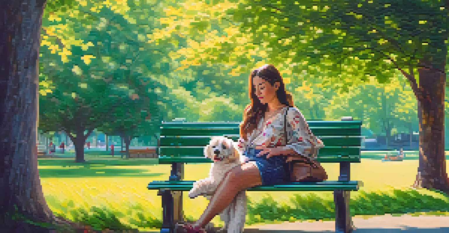 A young woman holds a fluffy therapy dog on her lap while sitting on a park bench surrounded by green trees and flowers.