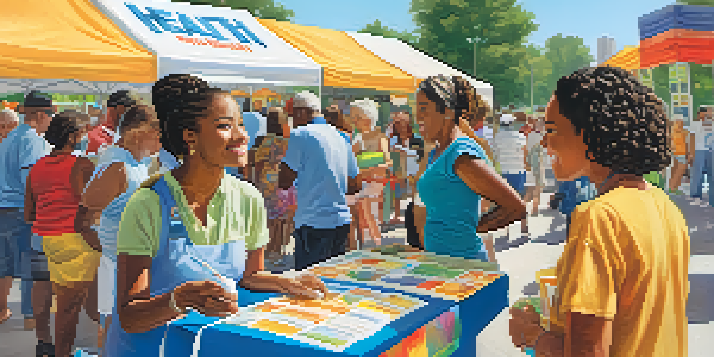 A community health fair with diverse individuals engaging with health booths under a clear blue sky.