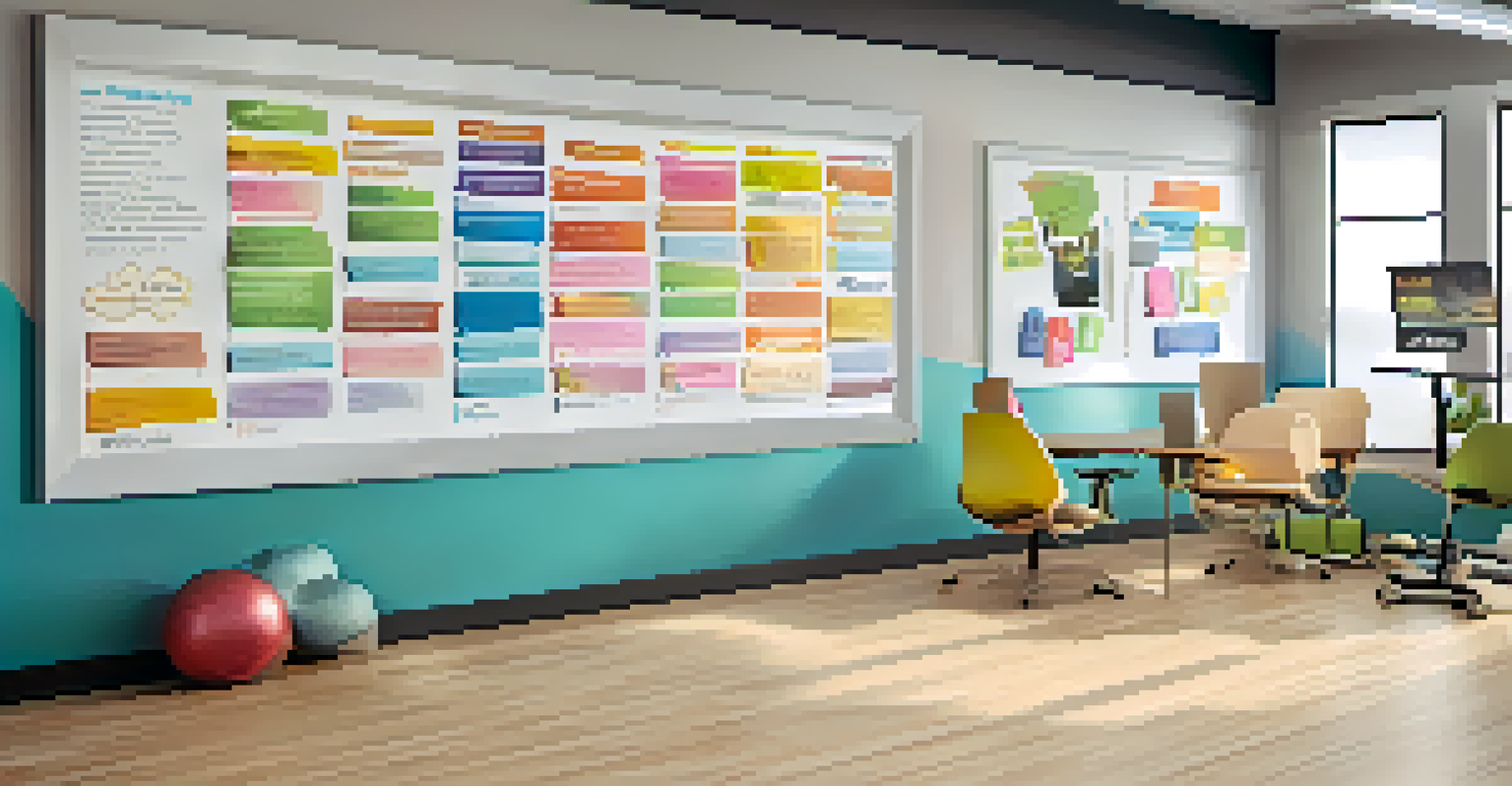 An inspirational wall in a health coaching office filled with motivational quotes and images related to wellness and fitness.