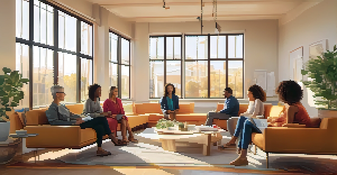 A wellness coach engaging with a diverse group of clients in a bright room, discussing wellness plans with visual aids present.