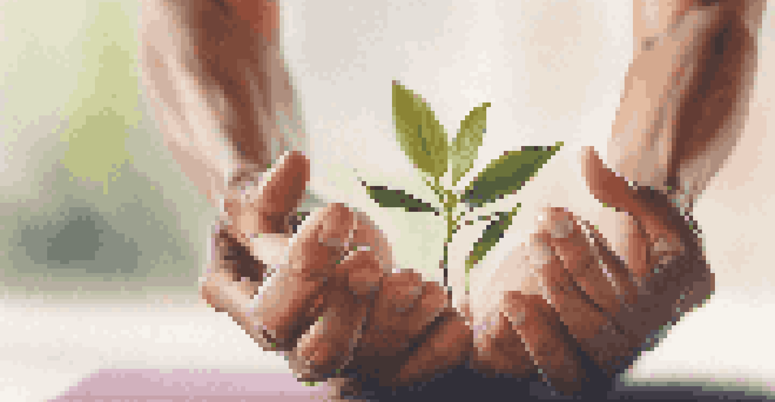 Close-up of hands in a mudra position during a yoga session in a peaceful studio, surrounded by soft light and nature.