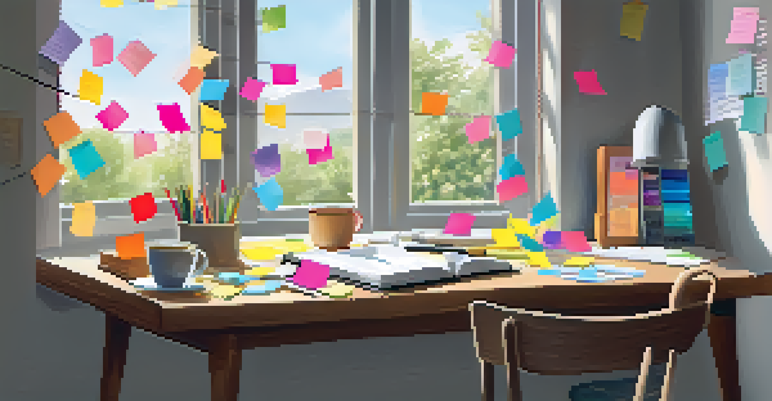 A workspace with a desk, an open notebook, a cup of tea, and colorful sticky notes with positive affirmations, illuminated by soft daylight from the window.