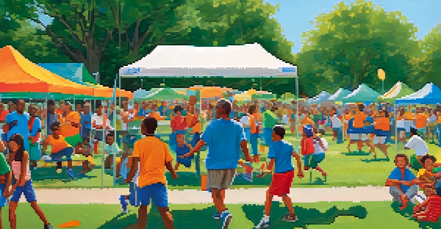 A lively community event in a park with men engaging in sports and conversations, promoting mental health awareness.