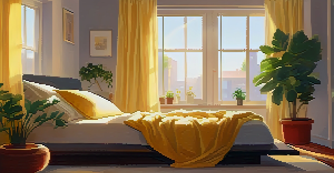 A peaceful bedroom with a cozy bed, soft pillows, and warm lighting, creating a calming atmosphere.