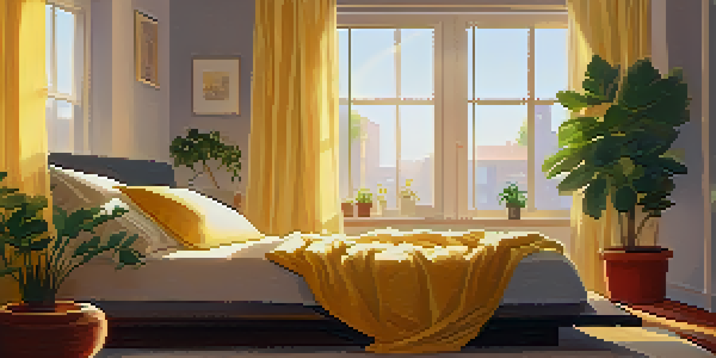 A peaceful bedroom with a cozy bed, soft pillows, and warm lighting, creating a calming atmosphere.