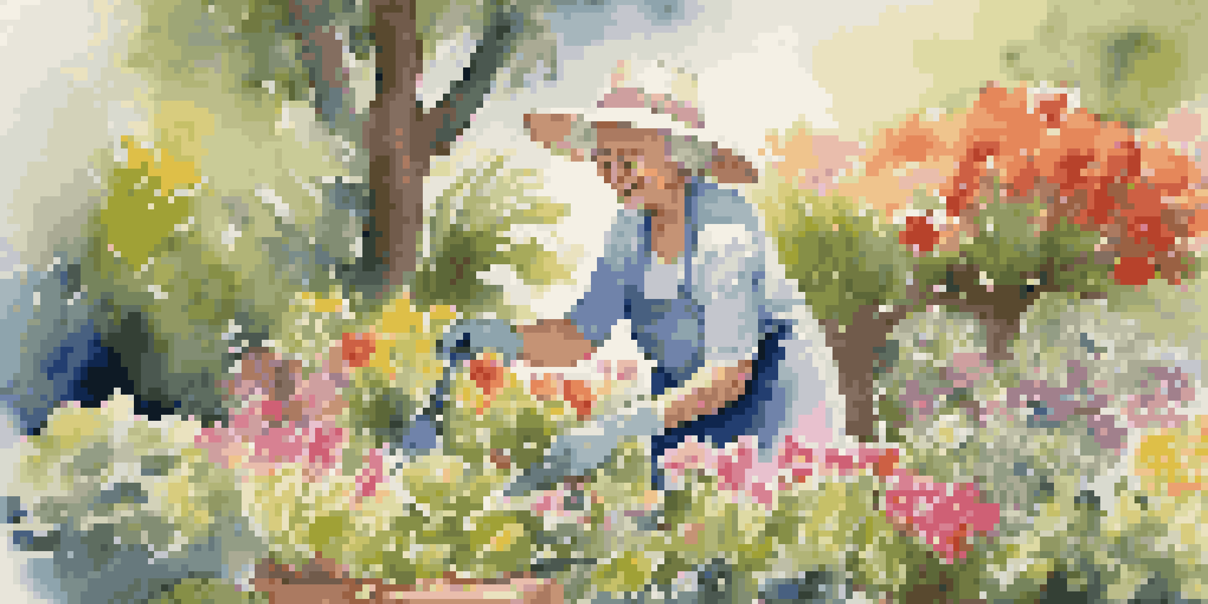 An older woman with a bright smile gardening in a colorful flower garden, sunlight filtering through the leaves.