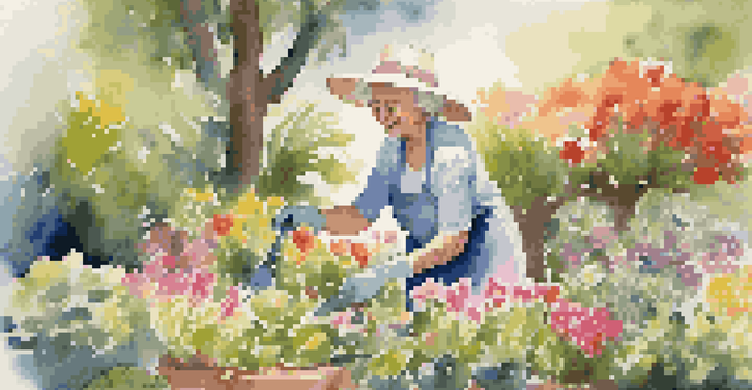 An older woman with a bright smile gardening in a colorful flower garden, sunlight filtering through the leaves.