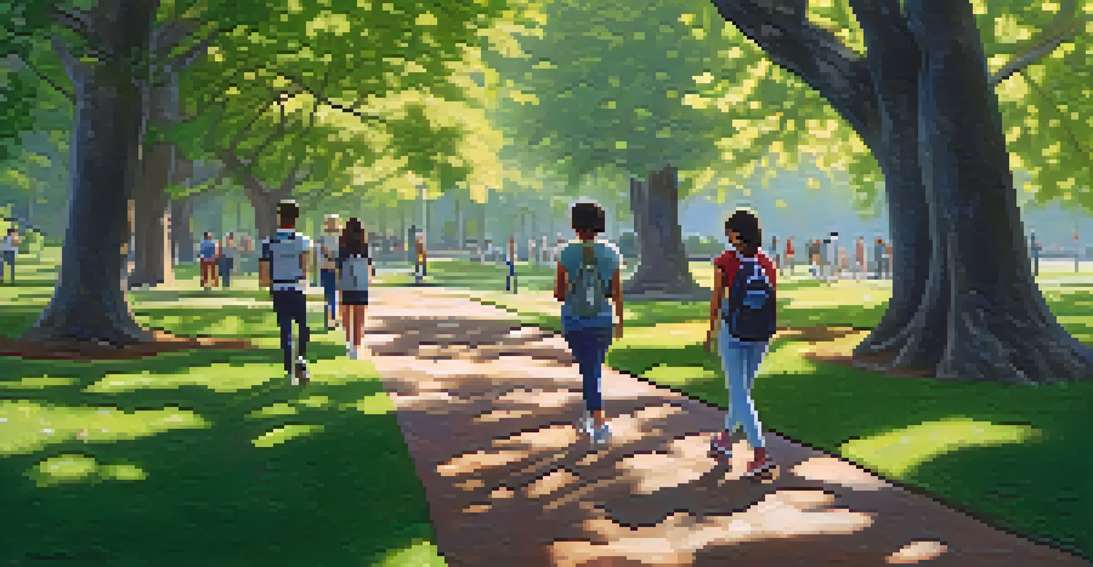 A diverse group of students practicing mindful walking in a park filled with trees and flowers.