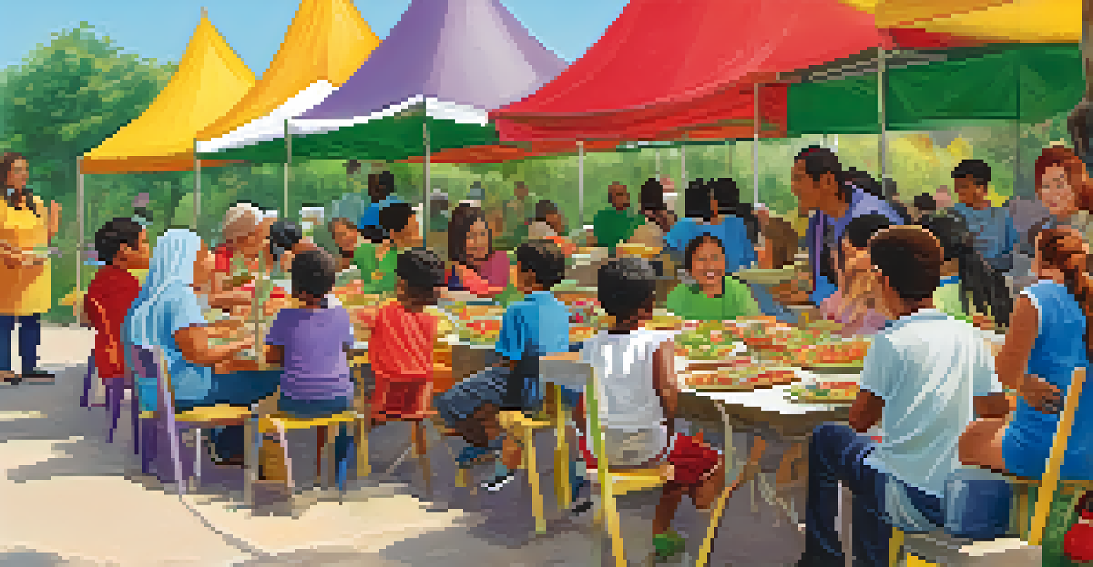 A vibrant outdoor nutrition workshop with families and a nutritionist, showcasing cultural diversity and healthy eating tips in multiple languages.