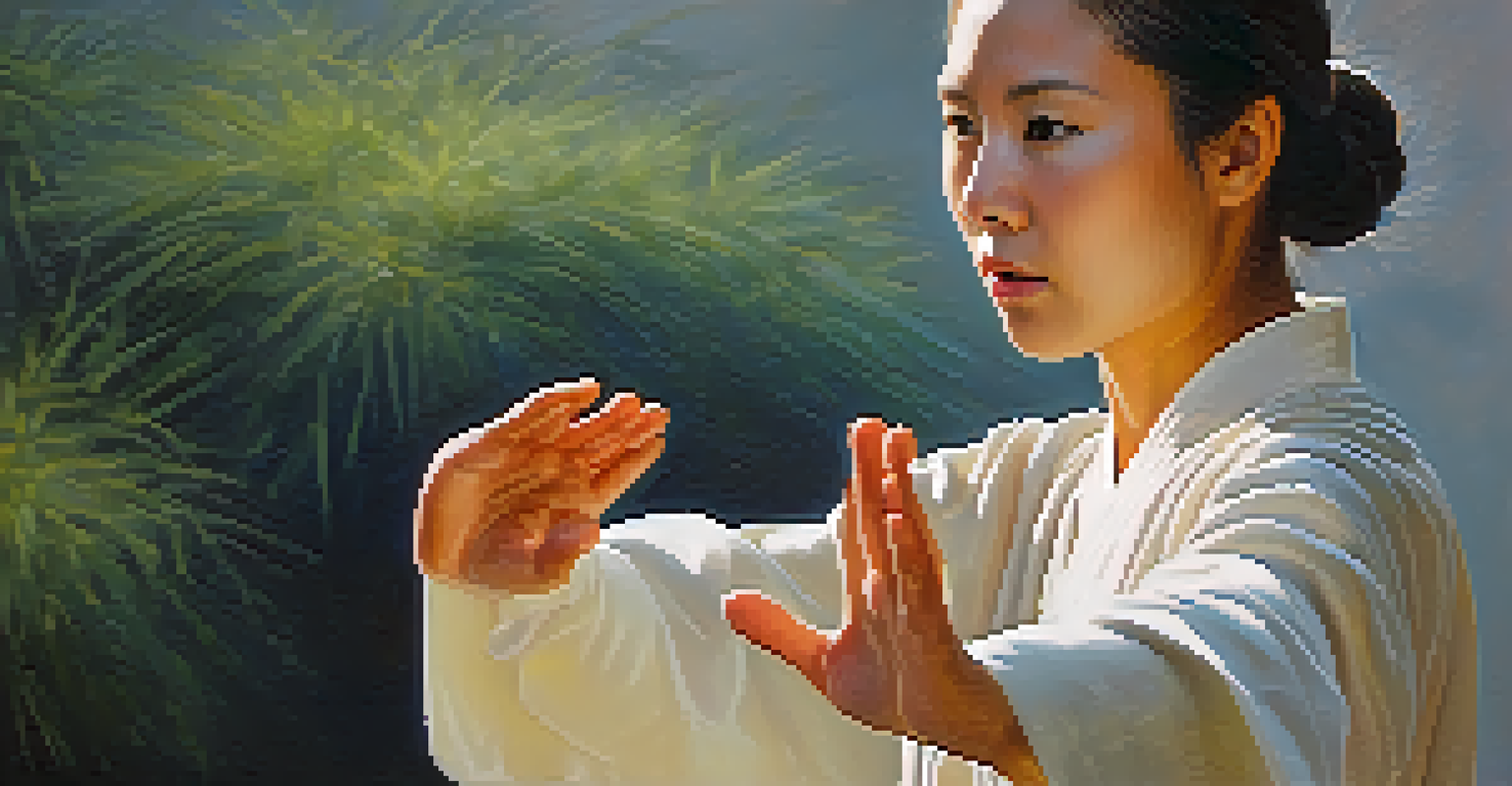 A close-up of a person practicing Tai Chi, capturing their focused expression and graceful hand movements in soft natural light.