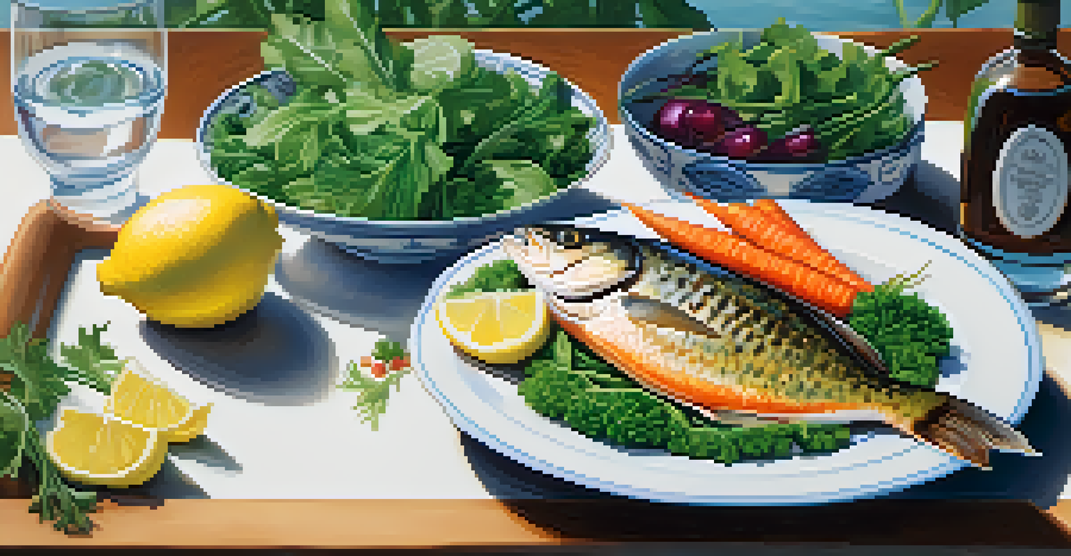 A close-up of a healthy meal with leafy greens, carrots, grilled fish, and a glass of water with lemon slices on a white plate.