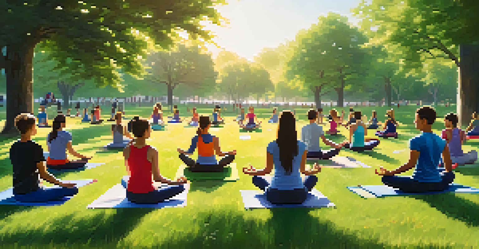 Students practicing yoga outdoors in a sunny park, surrounded by nature and vibrant greenery.