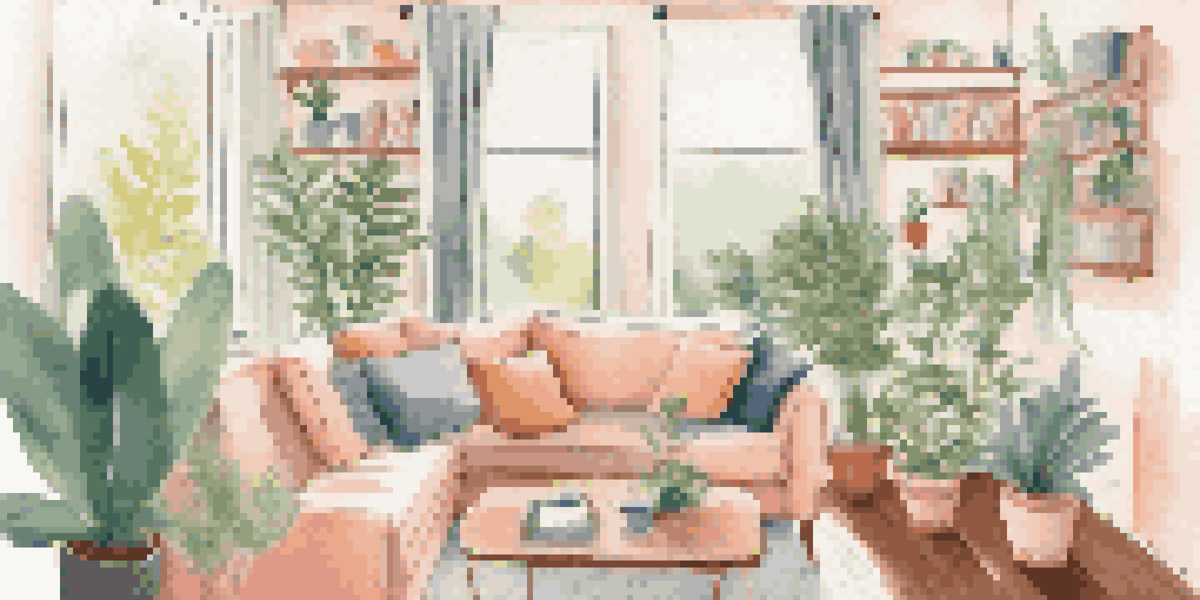 A bright living room with a person on a video call discussing mental health, surrounded by plants and books.