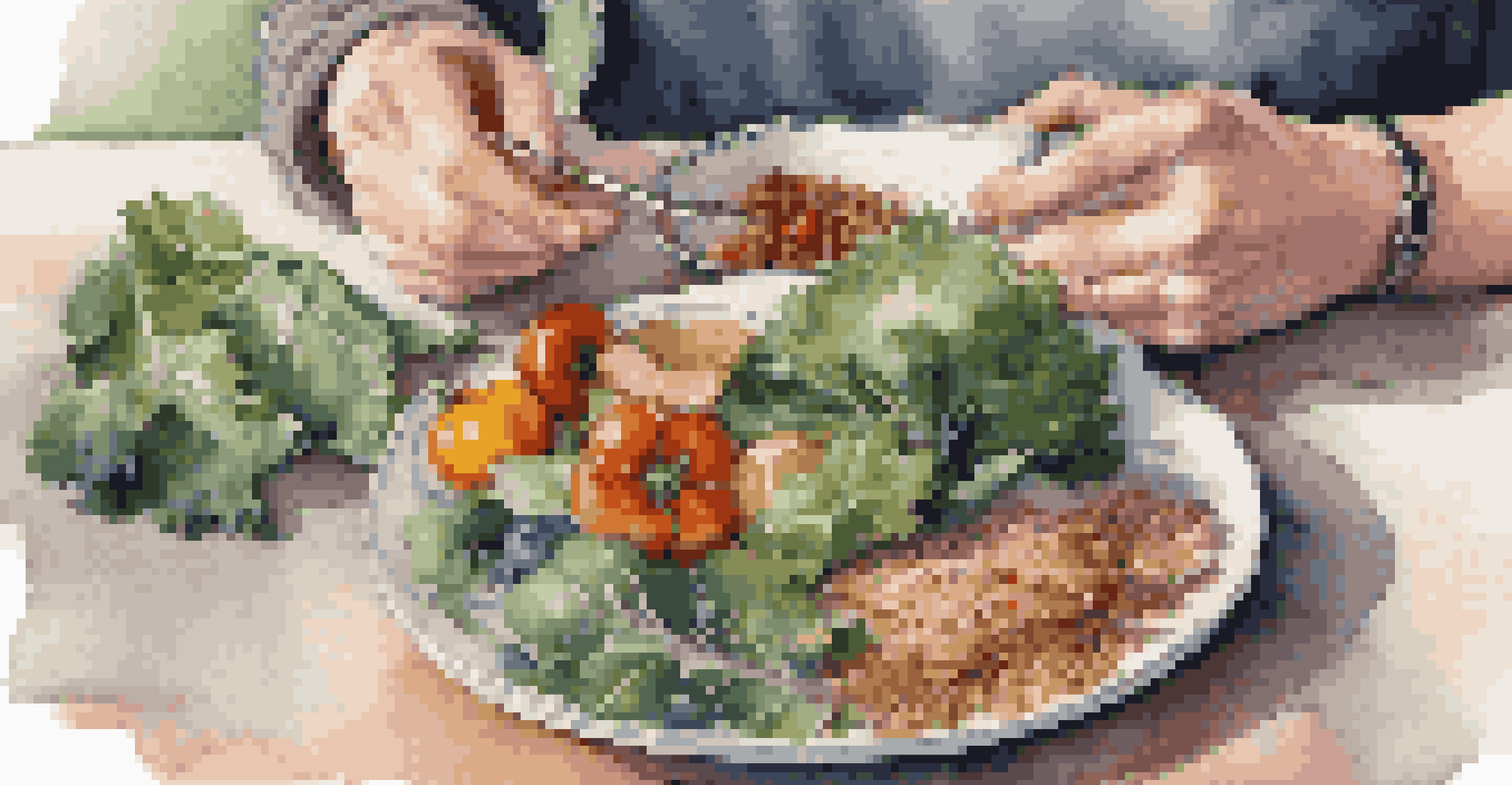 A close-up of a person holding a plate of colorful, healthy food, engaging in mindful eating at a dining table, with a softly blurred background.