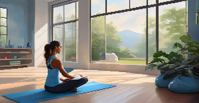 A person sitting on a yoga mat in a bright indoor gym, reviewing a fitness journal with workout gear and plants in the background.