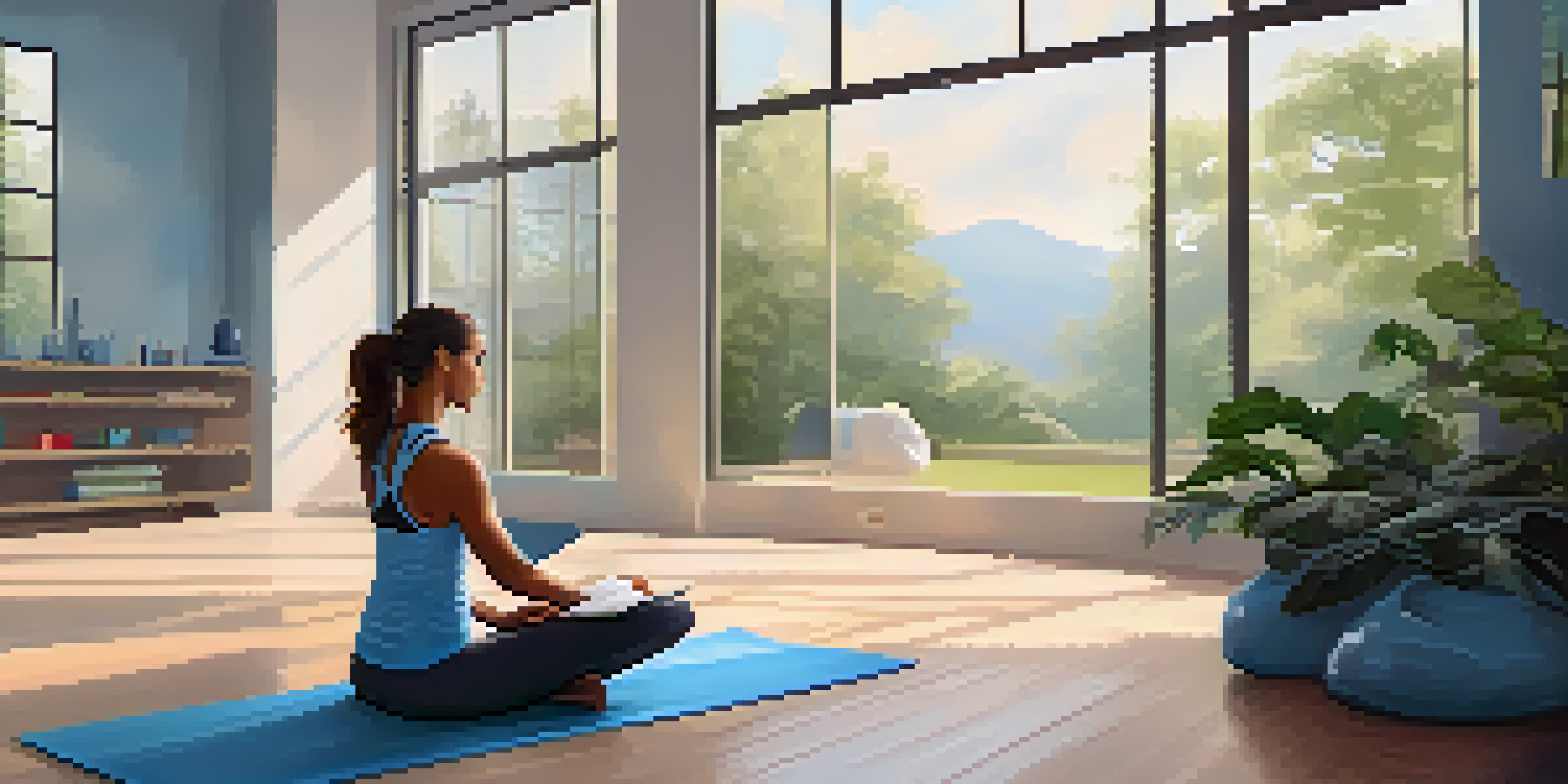 A person sitting on a yoga mat in a bright indoor gym, reviewing a fitness journal with workout gear and plants in the background.