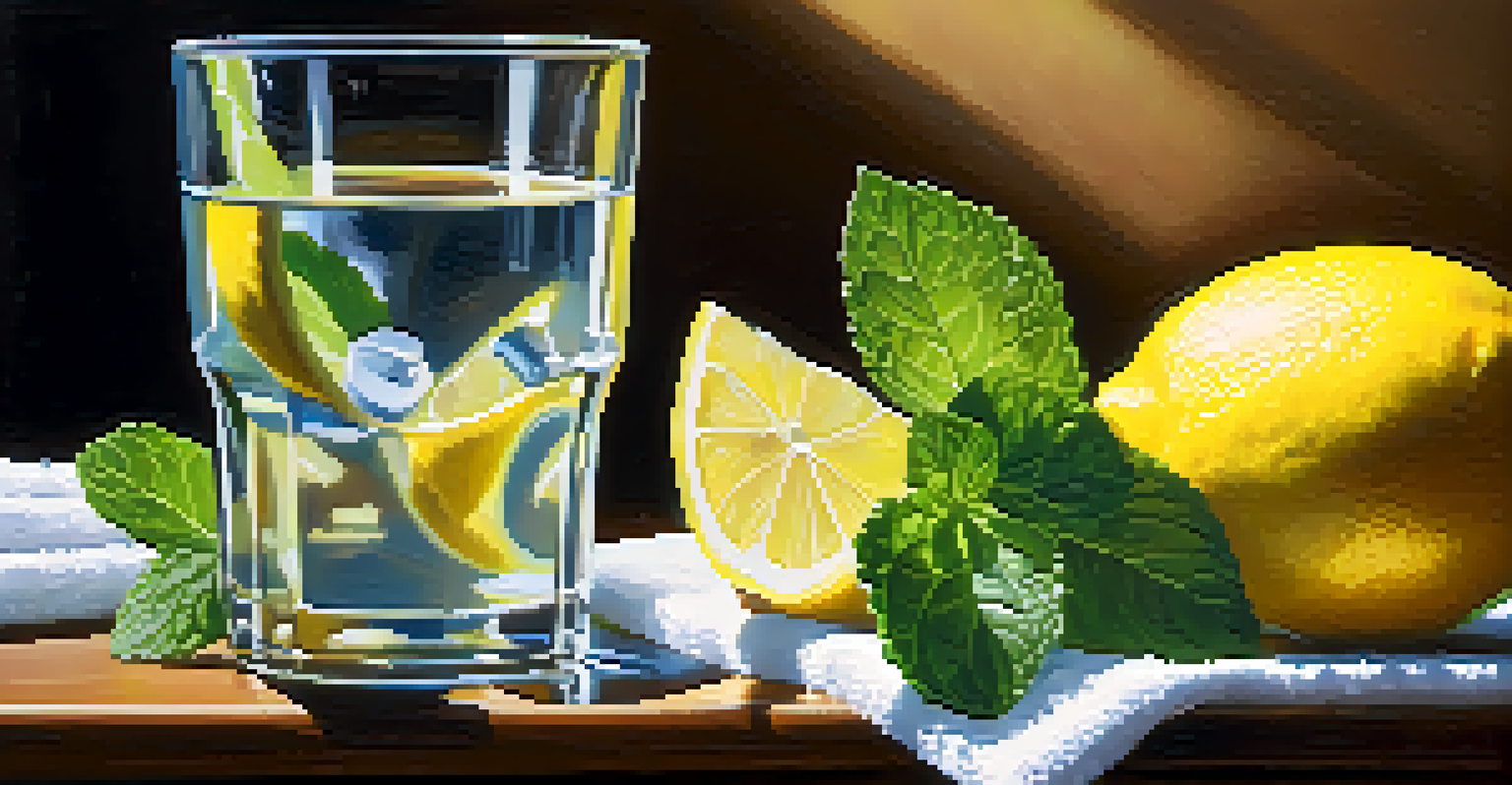 A glass of water with lemon and mint, surrounded by a sports towel and dumbbells on a wooden table.