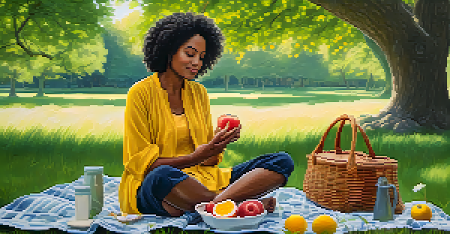 A woman enjoying mindful eating on a picnic blanket in a green park, surrounded by wildflowers and trees, embodying tranquility and self-care.