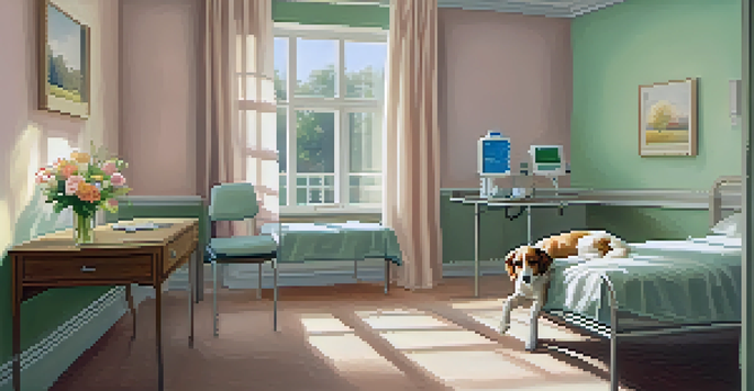 A patient in a hospital bed is petting a therapy dog in a sunlit room, surrounded by pastel-colored walls and a vase of flowers.