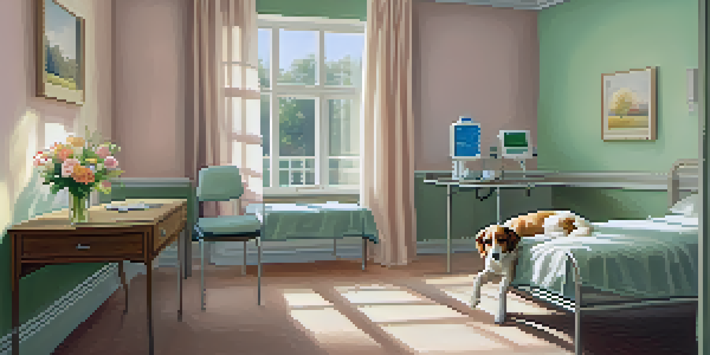 A patient in a hospital bed is petting a therapy dog in a sunlit room, surrounded by pastel-colored walls and a vase of flowers.