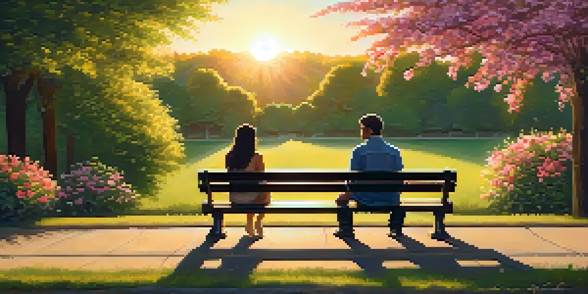 A couple sitting on a bench in a park, holding hands during sunset, with flowers and greenery around them.