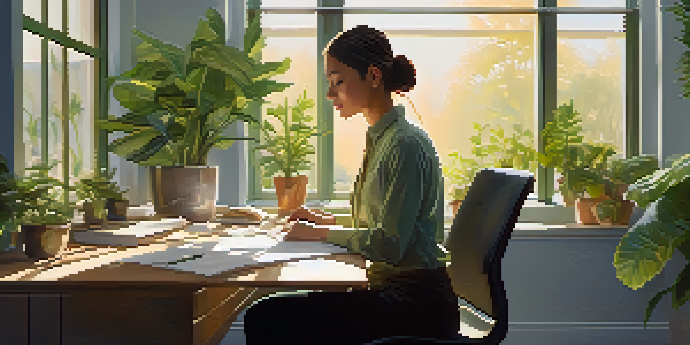 A person practicing mindfulness at their desk in a bright, plant-filled office, radiating calmness.