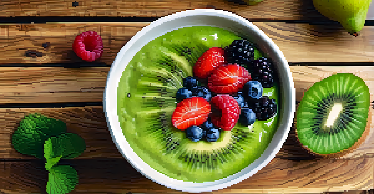 A green smoothie bowl with kiwi, berries, and honey on a wooden surface, garnished with mint leaves and a spoon.