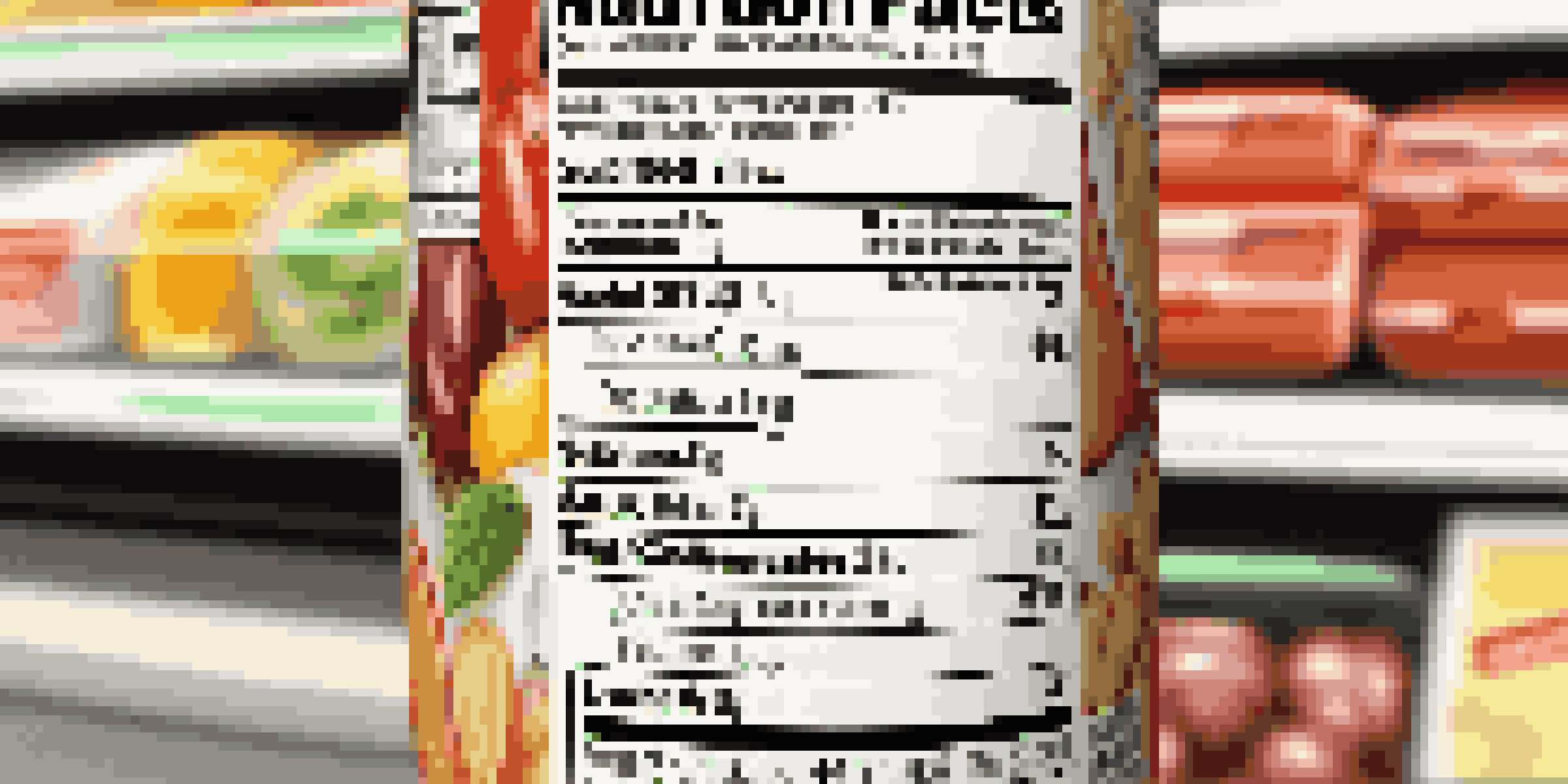 A detailed close-up of a Nutrition Facts label on a food package, with clear visibility of serving sizes and nutrients, set in a grocery store context.