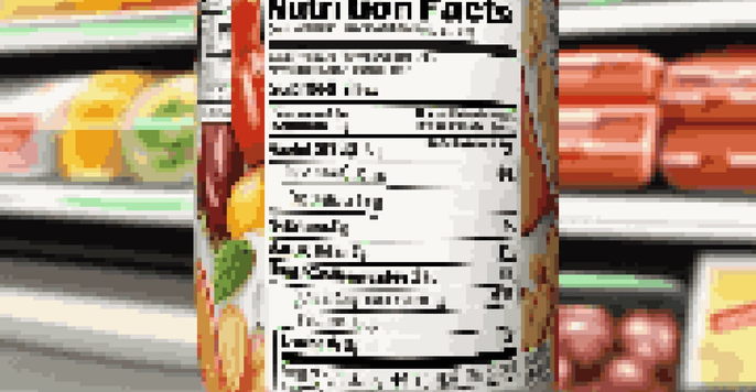 A detailed close-up of a Nutrition Facts label on a food package, with clear visibility of serving sizes and nutrients, set in a grocery store context.