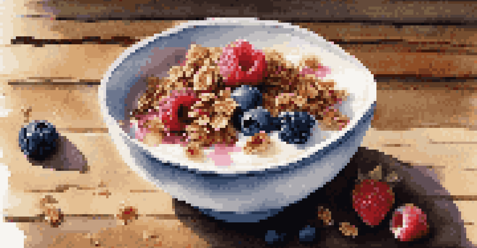 Close-up of a bowl of yogurt topped with granola and berries, showcasing the texture and colors.