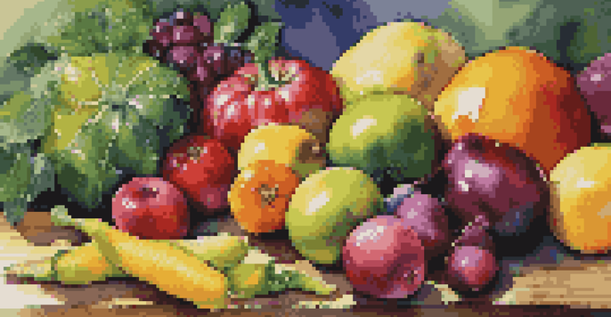 A close-up view of colorful fruits and vegetables on a wooden table, with sunlight creating soft shadows.