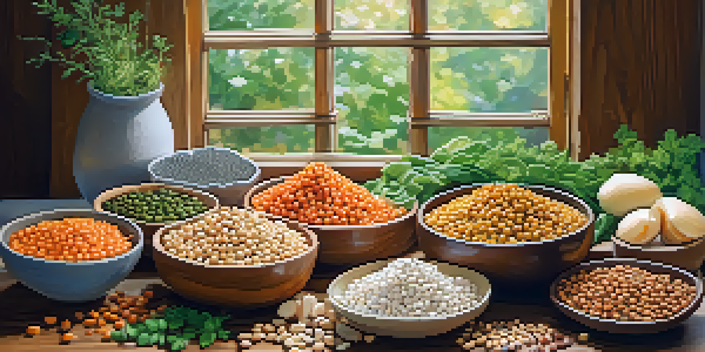 A colorful arrangement of plant-based protein sources including lentils, chickpeas, tofu, nuts, and seeds on a wooden table, illuminated by natural light.