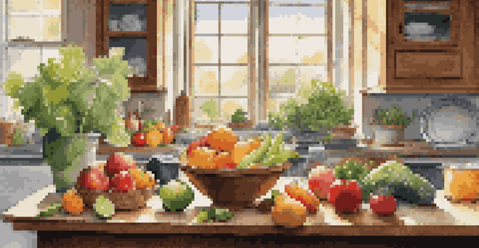 A bright kitchen with fresh fruits and vegetables on a wooden countertop, sunlight pouring in through a window, and a chalkboard with nutrition tips in the background.