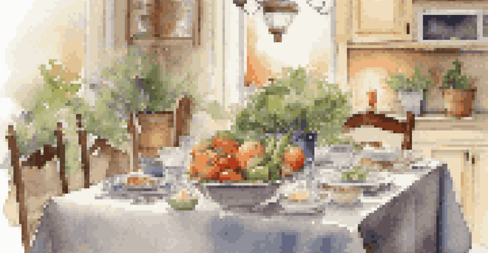 A calm dining table with a flickering candle, fresh fruits and vegetables, and a softly lit kitchen in the background.