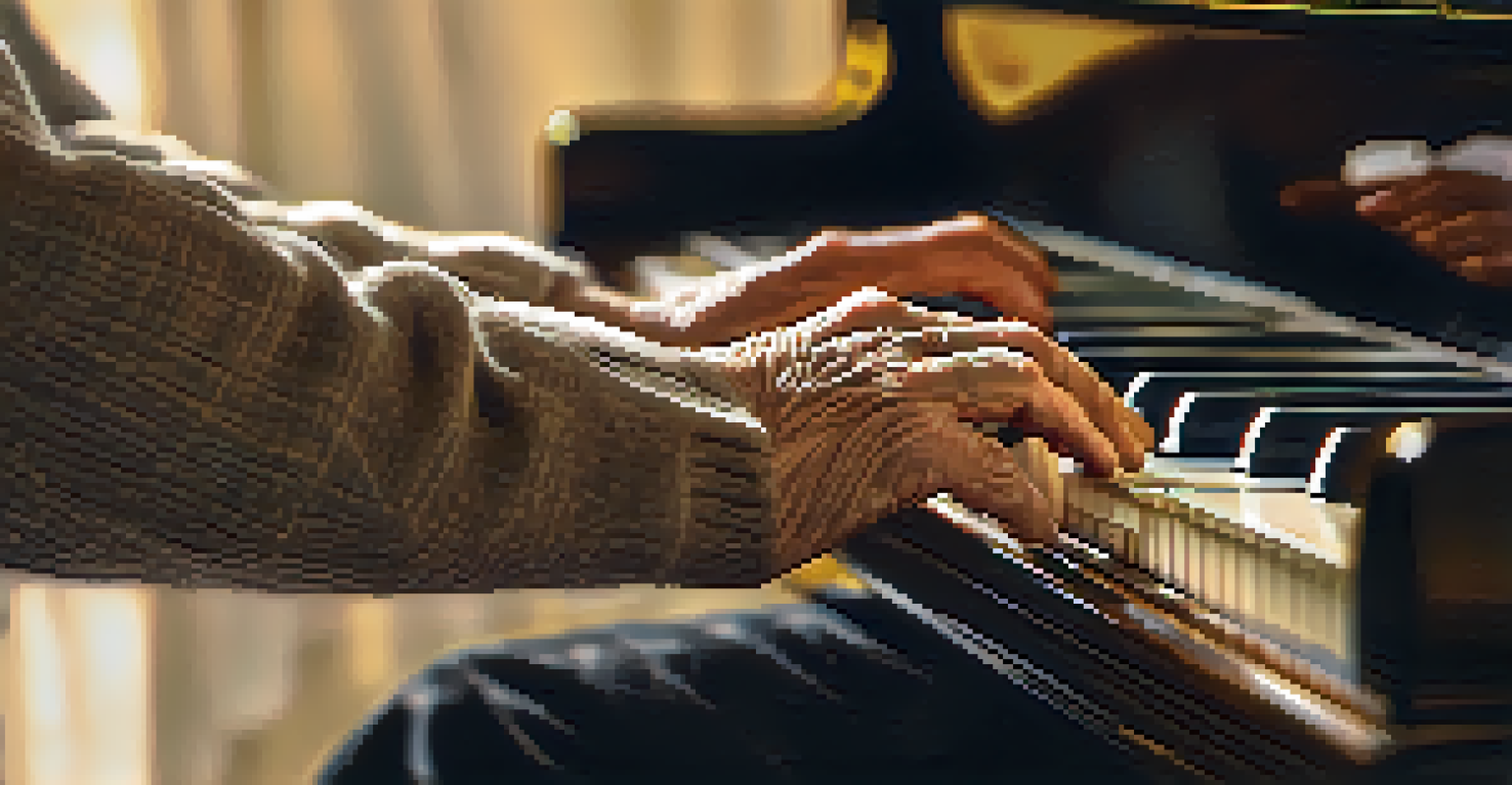 A close-up of an elderly person's hands playing piano, emphasizing the heartfelt engagement in music therapy.