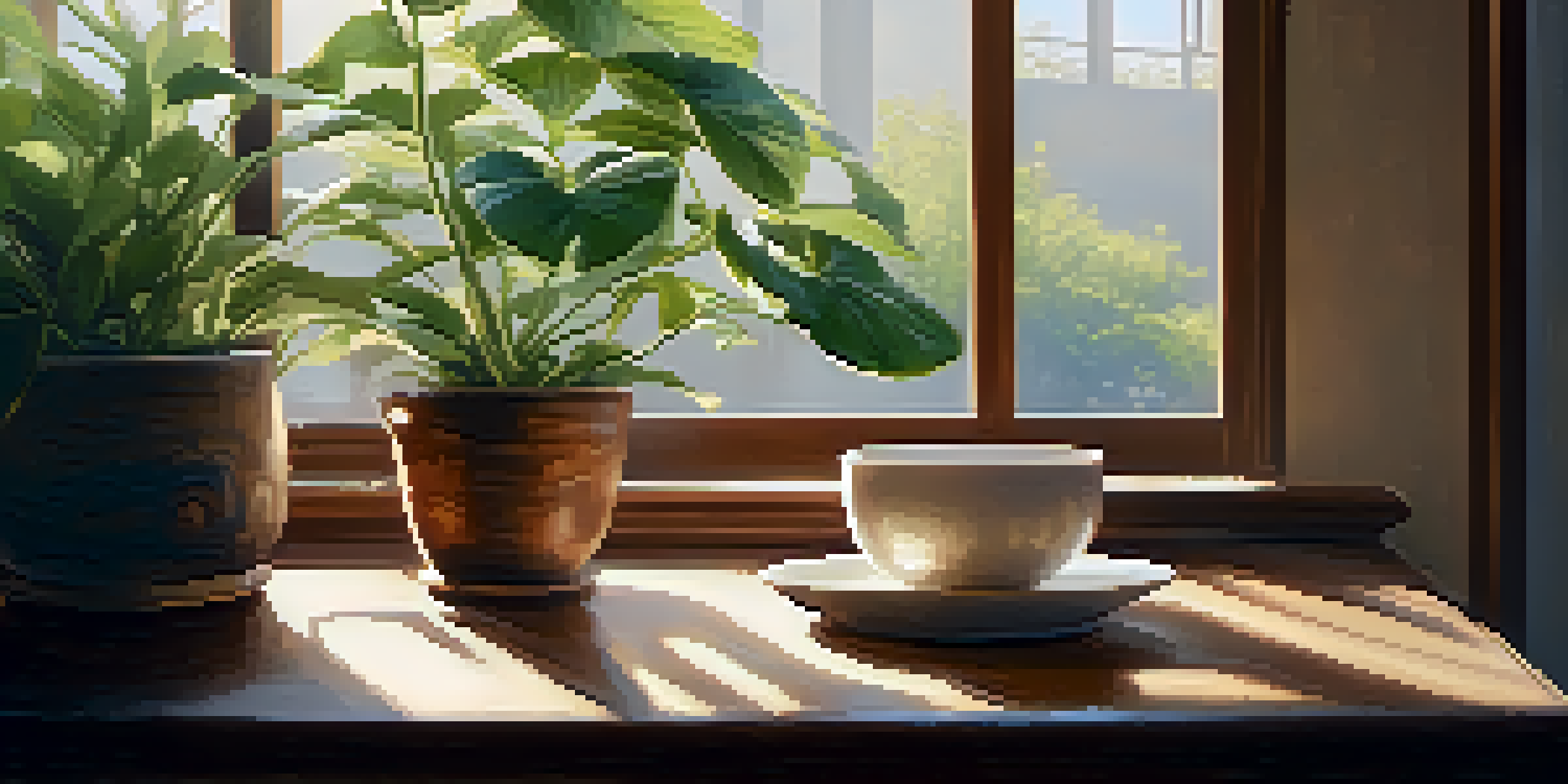 A cozy meditation space with a cushion, indoor plant, and a cup of tea, bathed in soft sunlight.