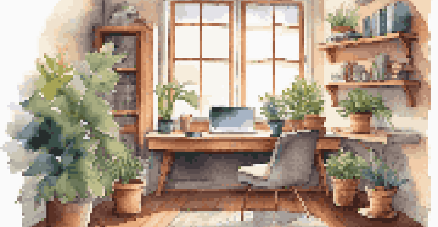 A cozy workspace corner with a comfortable chair, bookshelf, and a desk with plants, creating a peaceful ambiance.