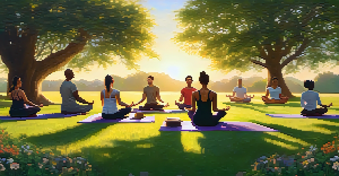 A group of people practicing yoga in a green park at sunset, surrounded by flowers and trees, creating a peaceful atmosphere.