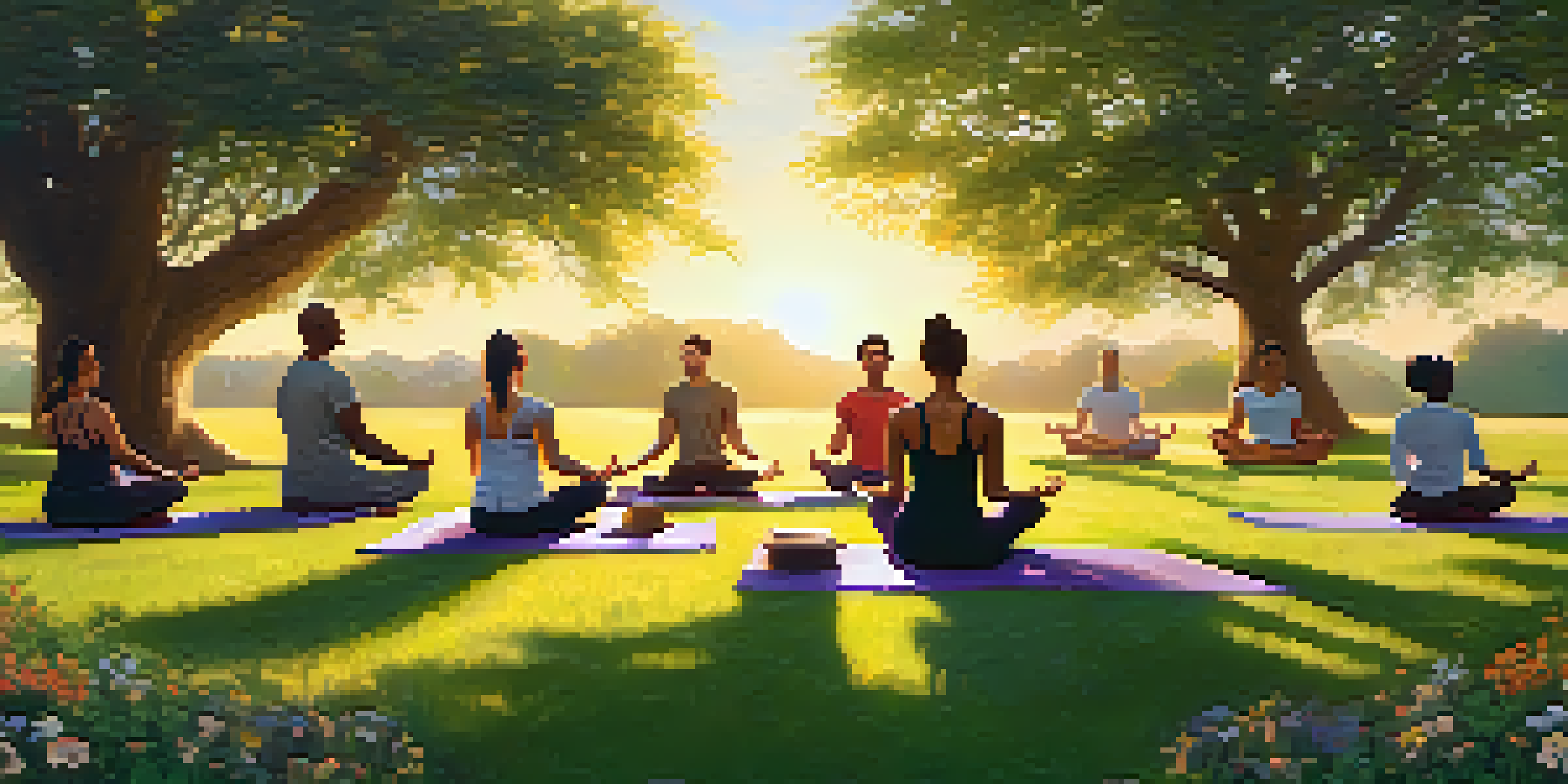A group of people practicing yoga in a green park at sunset, surrounded by flowers and trees, creating a peaceful atmosphere.