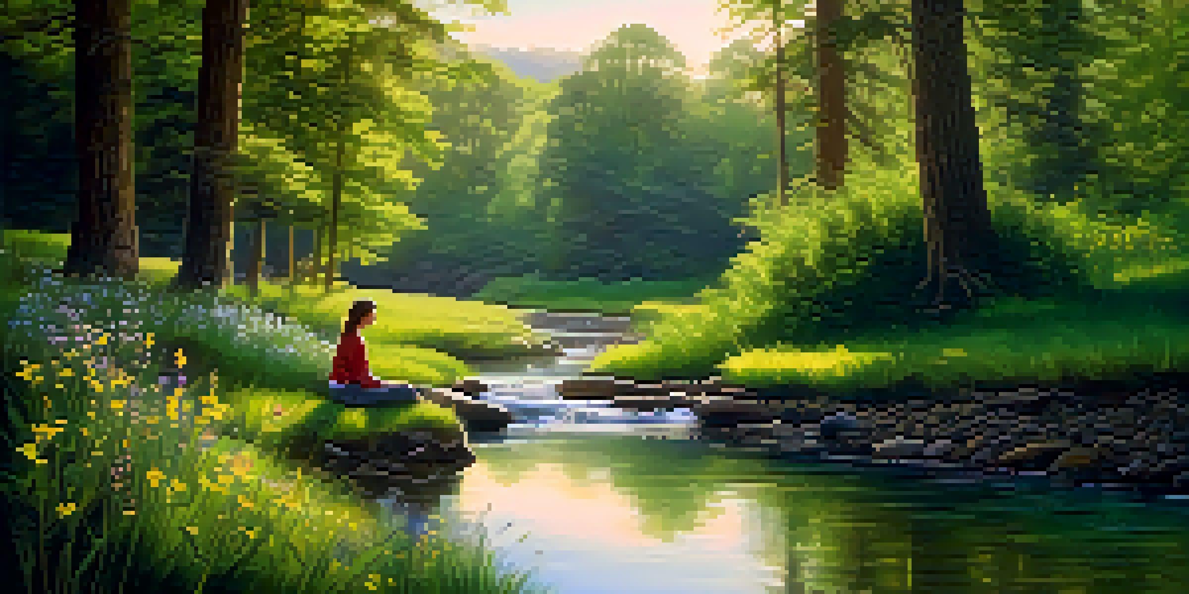 A peaceful forest scene with sunlight filtering through trees, a stream, and a person meditating beside it, surrounded by flowers.