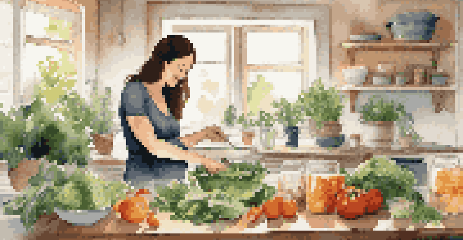 A pregnant woman happily preparing a healthy meal in a cozy kitchen filled with fresh ingredients.
